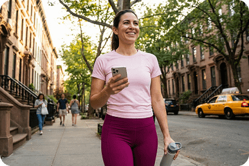 A smiling woman in pink athletic wear walks down a New York City street holding a phone and water bottle.