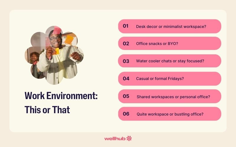 This or that questions asking about workspace styles, including decor, snacks, chatting habits, dress code, and noise levels.