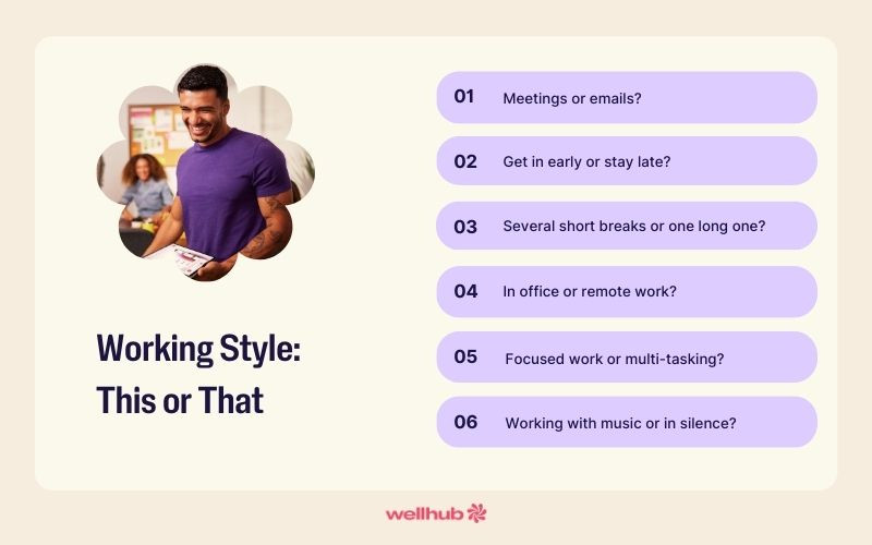 This or that questions focusing on work habits including communication styles, work schedule, breaks, multitasking, workspace preference, and music.